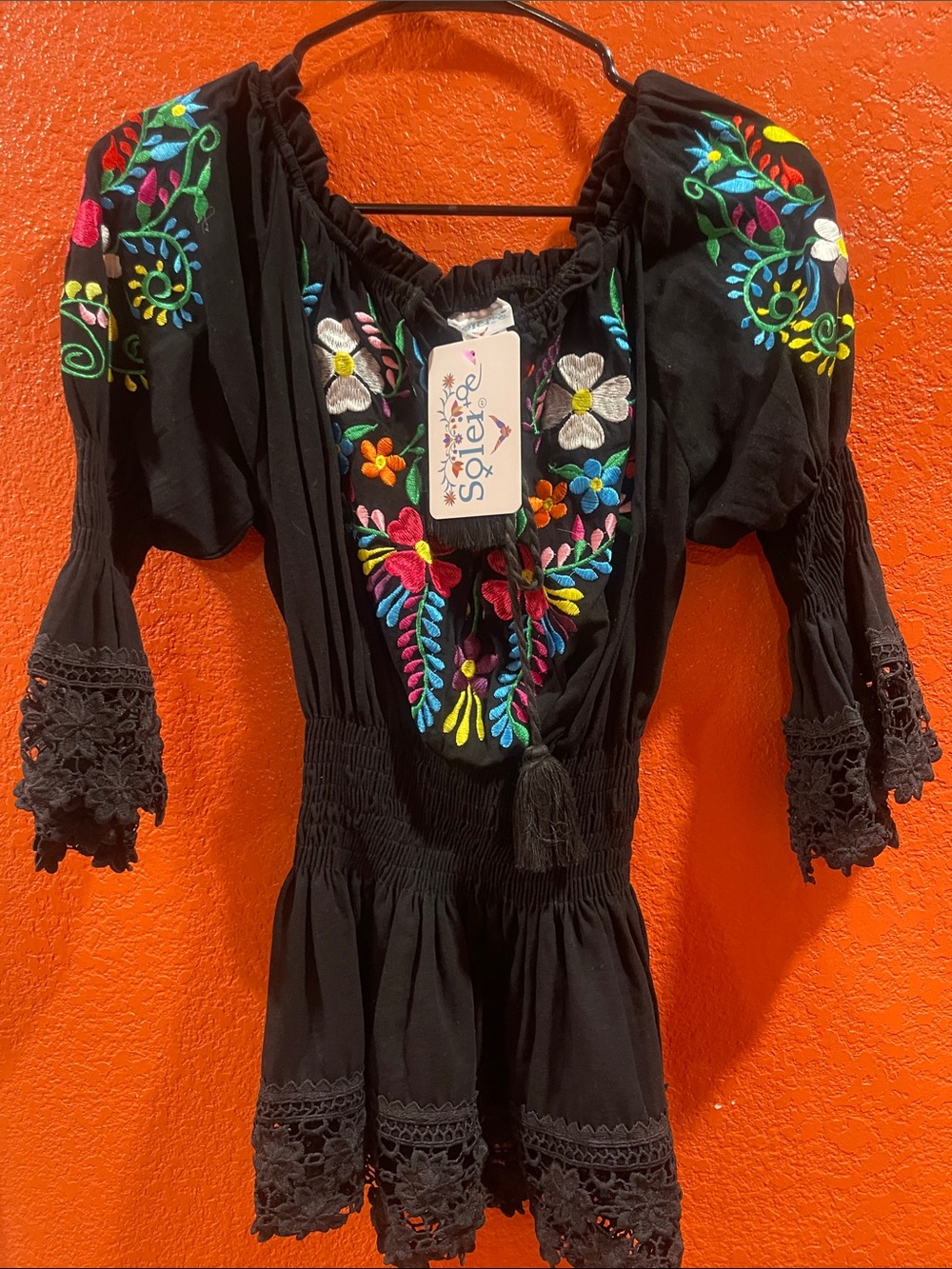 Black Embroidered Peasant Tunic with Colorful Floral Stitching